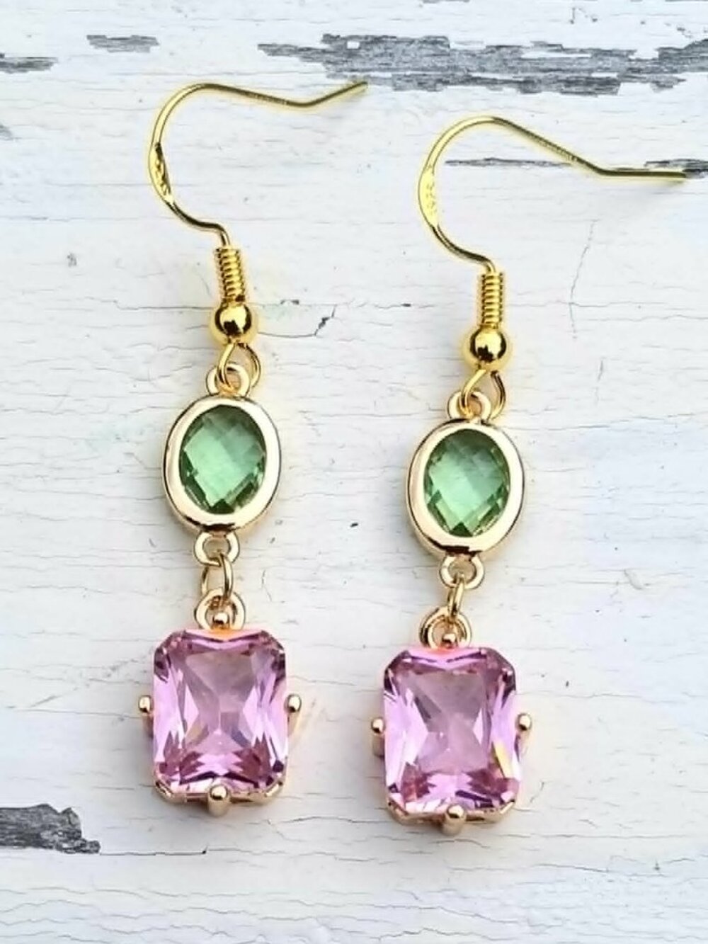 14k Gold Pink Tourmaline & Peridot Dangle Earrings, Tourmaline Peridot Jewelry
